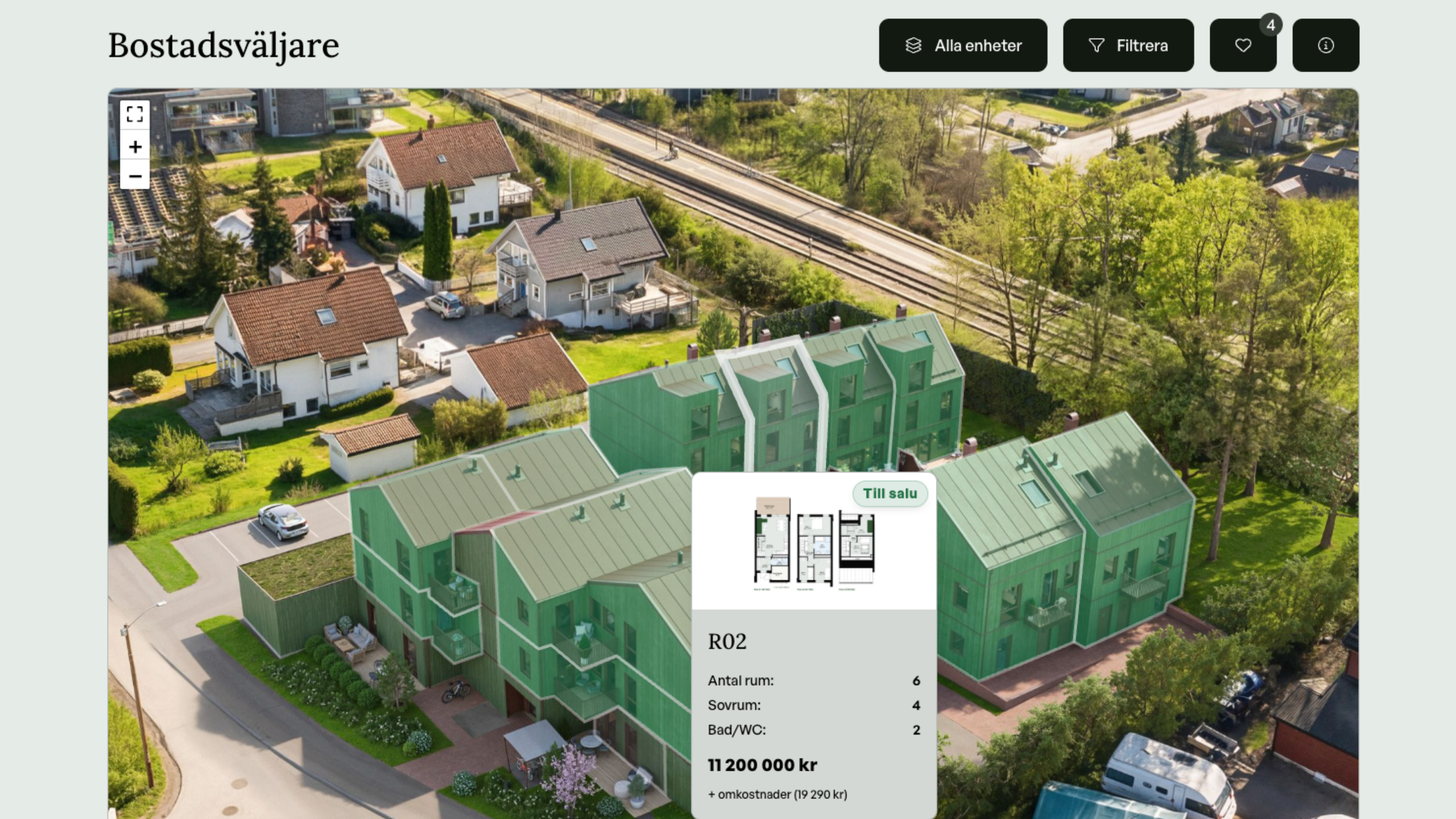 Flygbild av grönt bostadsområde med informationsruta för enhet R02 med planlösning och pris.